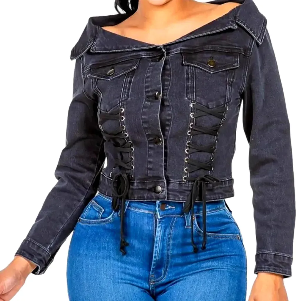 Trendy medium length women's denim jacket