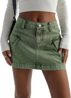 UAURORAO Women Denim Cargo Skirt Y2k Low Waist Stretch Mini Jean Skirt Vintage Bodycon Pencil Short Skirt with Pockets