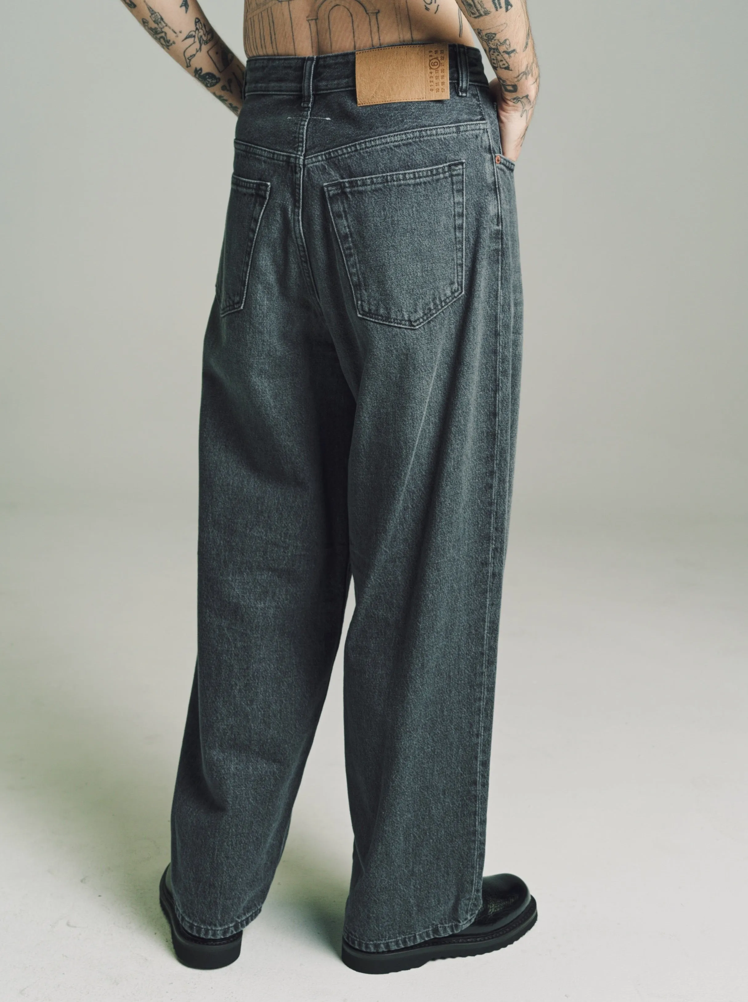 Washed Grey Wide Leg Raw Pleat Denim