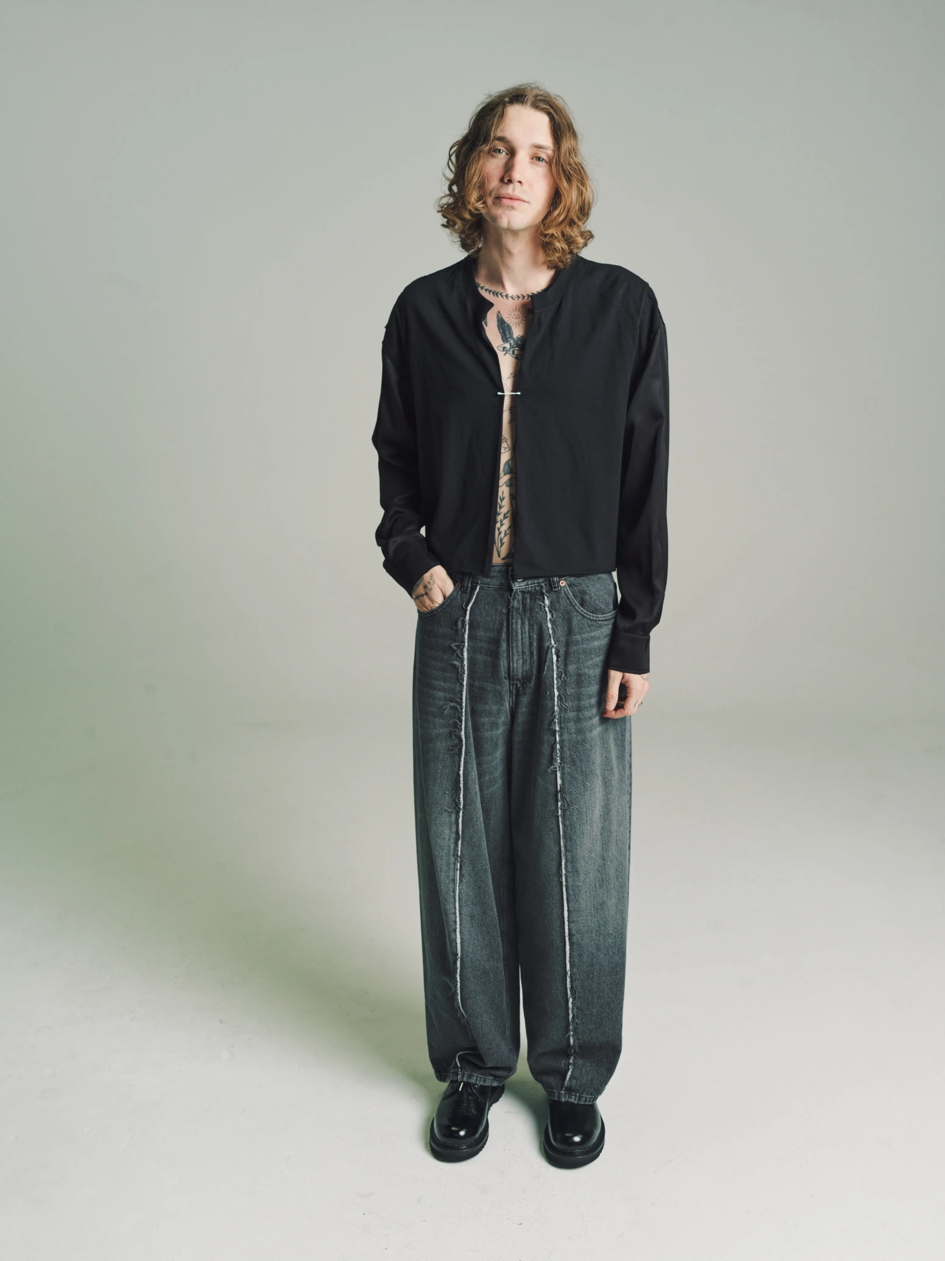 Washed Grey Wide Leg Raw Pleat Denim