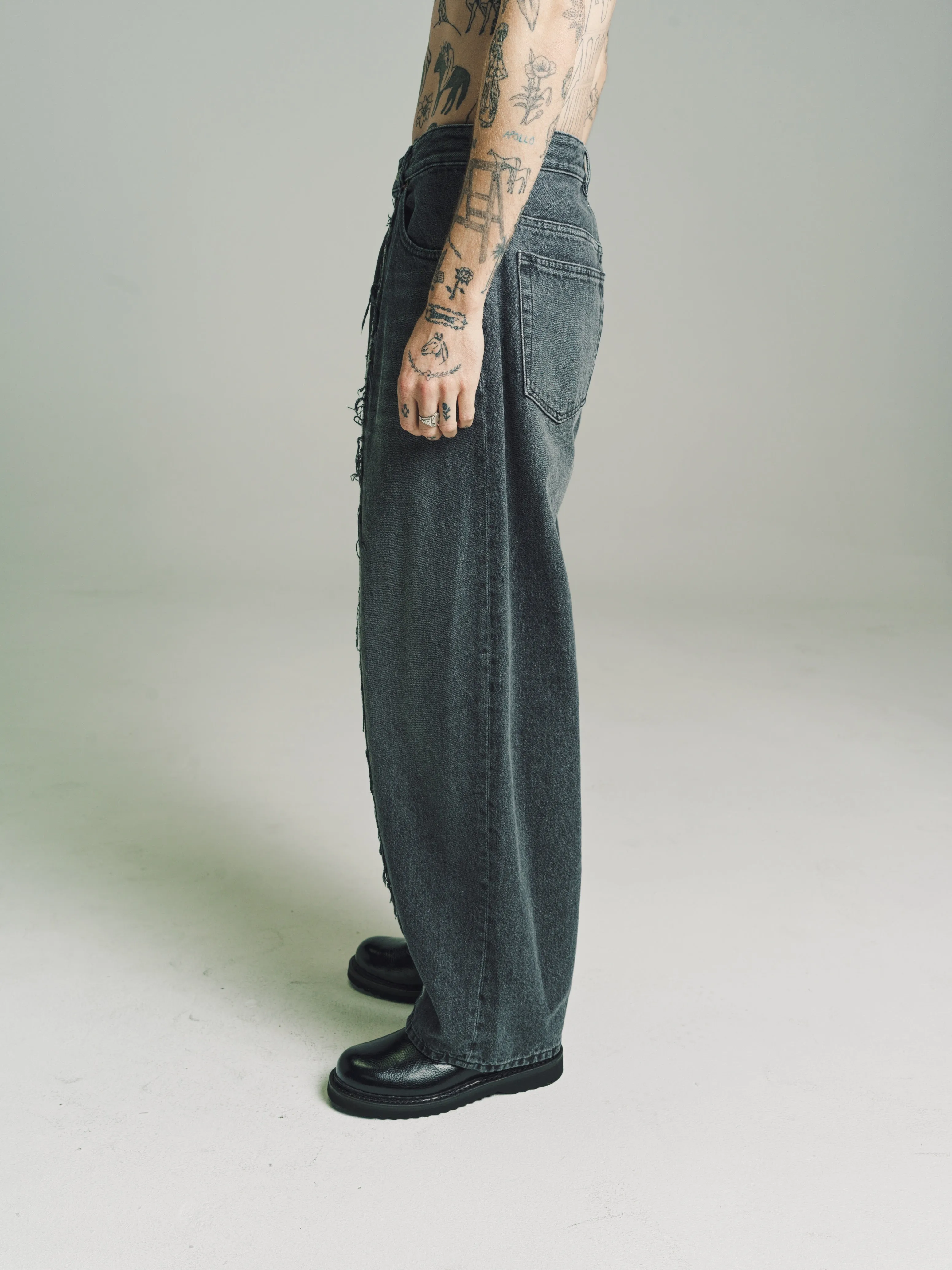 Washed Grey Wide Leg Raw Pleat Denim