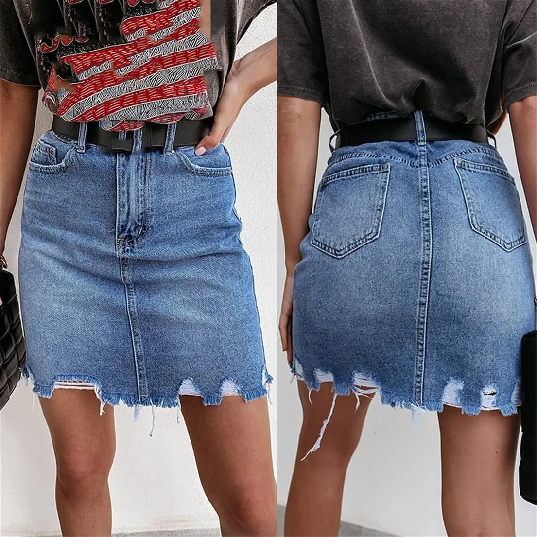 Women Frayed Hem Denim Short Skirts Summer Vintage Mini Jeans Skirt with Pockets