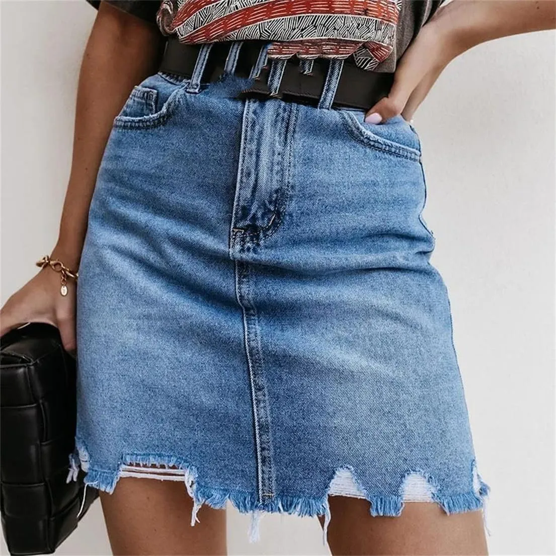 Women Frayed Hem Denim Short Skirts Summer Vintage Mini Jeans Skirt with Pockets