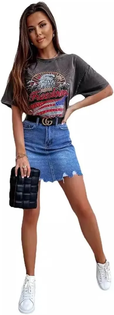 Women Frayed Hem Denim Short Skirts Summer Vintage Mini Jeans Skirt with Pockets