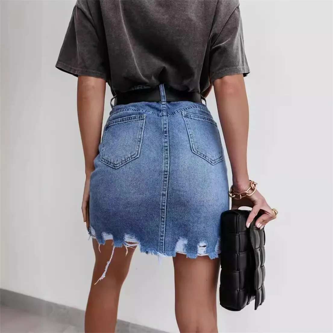 Women Frayed Hem Denim Short Skirts Summer Vintage Mini Jeans Skirt with Pockets
