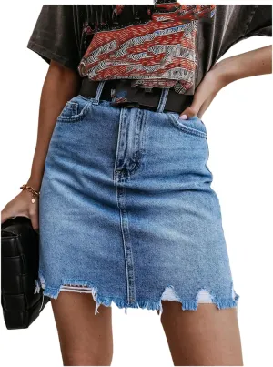 Women Frayed Hem Denim Short Skirts Summer Vintage Mini Jeans Skirt with Pockets
