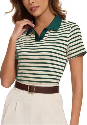 Women Striped Color Block Collar Shirts Golf Polo Cotton Blend Tops Short Sleeve T-Shirts Tennis Tee Summer Outfits