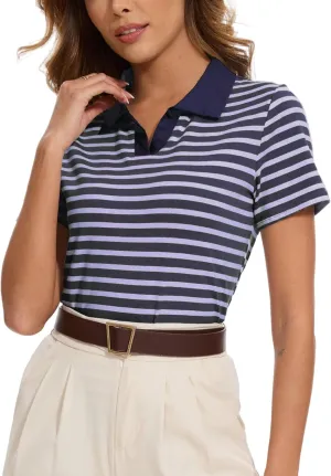 Women Striped Color Block Collar Shirts Golf Polo Cotton Blend Tops Short Sleeve T-Shirts Tennis Tee Summer Outfits