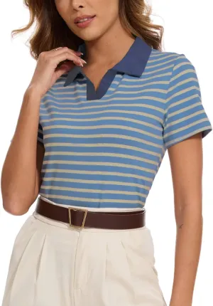 Women Striped Color Block Collar Shirts Golf Polo Cotton Blend Tops Short Sleeve T-Shirts Tennis Tee Summer Outfits