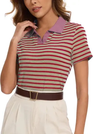 Women Striped Color Block Collar Shirts Golf Polo Cotton Blend Tops Short Sleeve T-Shirts Tennis Tee Summer Outfits