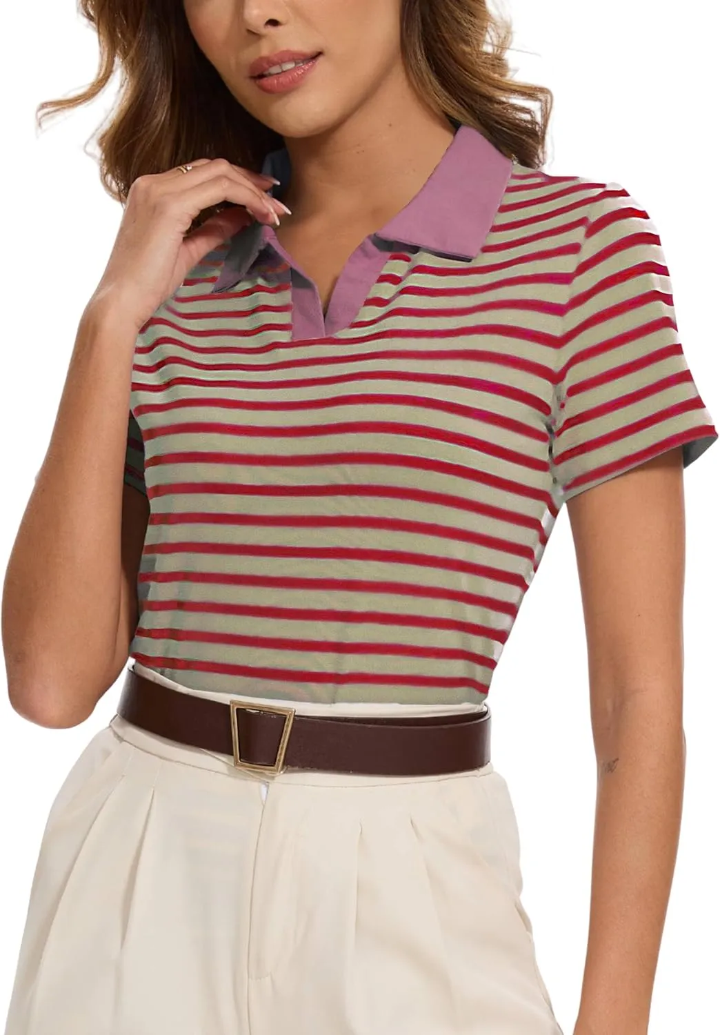 Women Striped Color Block Collar Shirts Golf Polo Cotton Blend Tops Short Sleeve T-Shirts Tennis Tee Summer Outfits