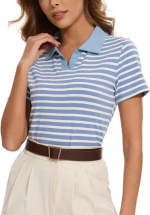 Women Striped Color Block Collar Shirts Golf Polo Cotton Blend Tops Short Sleeve T-Shirts Tennis Tee Summer Outfits
