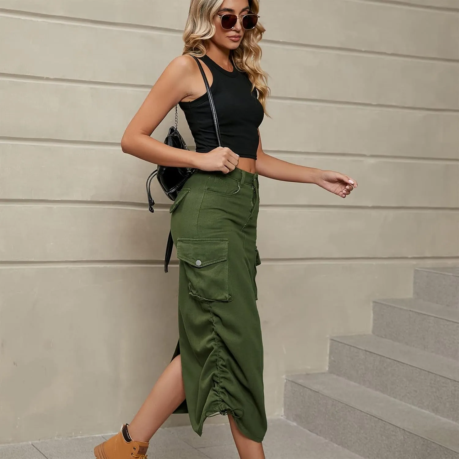 Women's Cargo Skirt Casual High Waisted Denim Midi Skirt Drawstring Adjustable Long Jean Skirt with Pockets