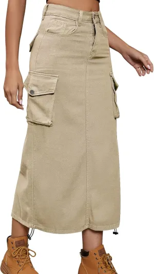 Women's Cargo Skirt Casual High Waisted Denim Midi Skirt Drawstring Adjustable Long Jean Skirt with Pockets