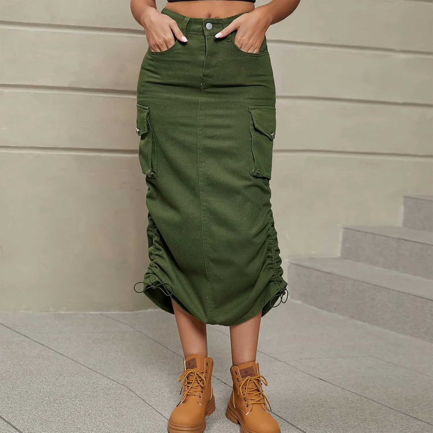 Women's Cargo Skirt Casual High Waisted Denim Midi Skirt Drawstring Adjustable Long Jean Skirt with Pockets