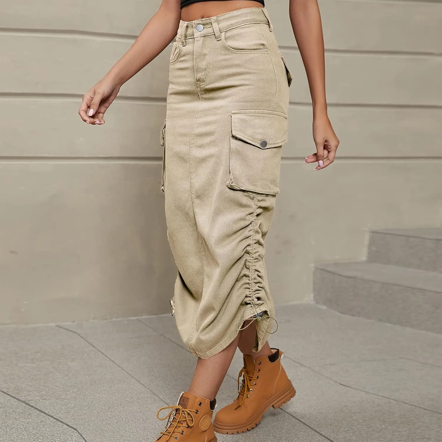 Women's Cargo Skirt Casual High Waisted Denim Midi Skirt Drawstring Adjustable Long Jean Skirt with Pockets