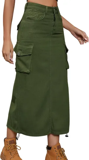 Women's Cargo Skirt Casual High Waisted Denim Midi Skirt Drawstring Adjustable Long Jean Skirt with Pockets