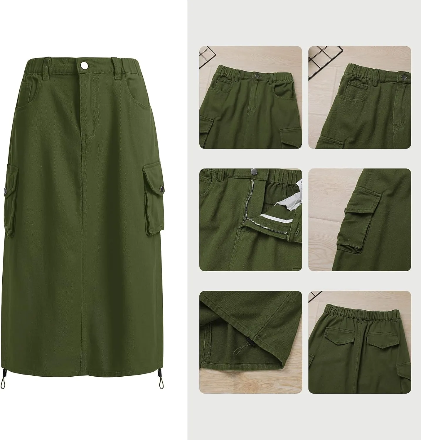 Women's Cargo Skirt Casual High Waisted Denim Midi Skirt Drawstring Adjustable Long Jean Skirt with Pockets