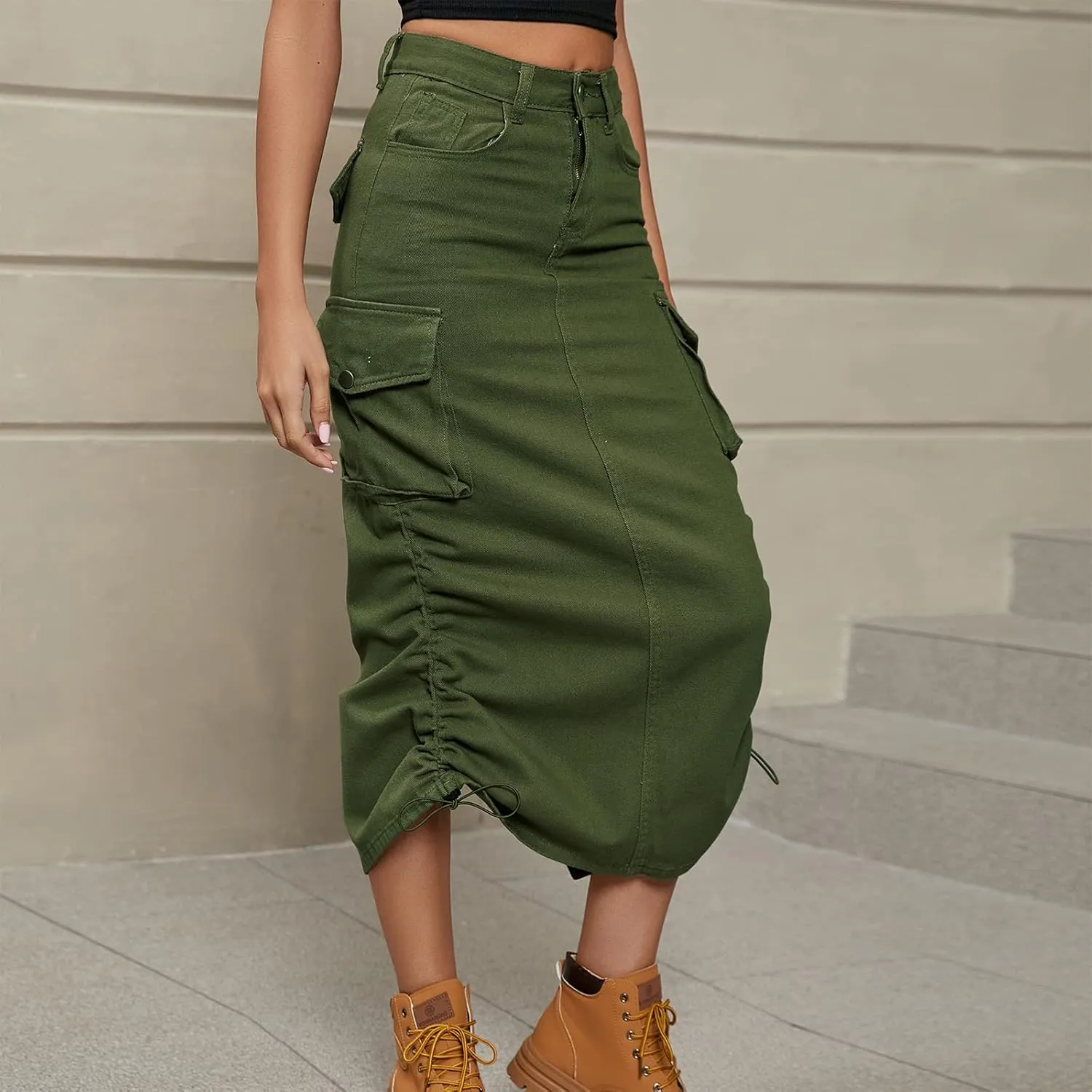 Women's Cargo Skirt Casual High Waisted Denim Midi Skirt Drawstring Adjustable Long Jean Skirt with Pockets