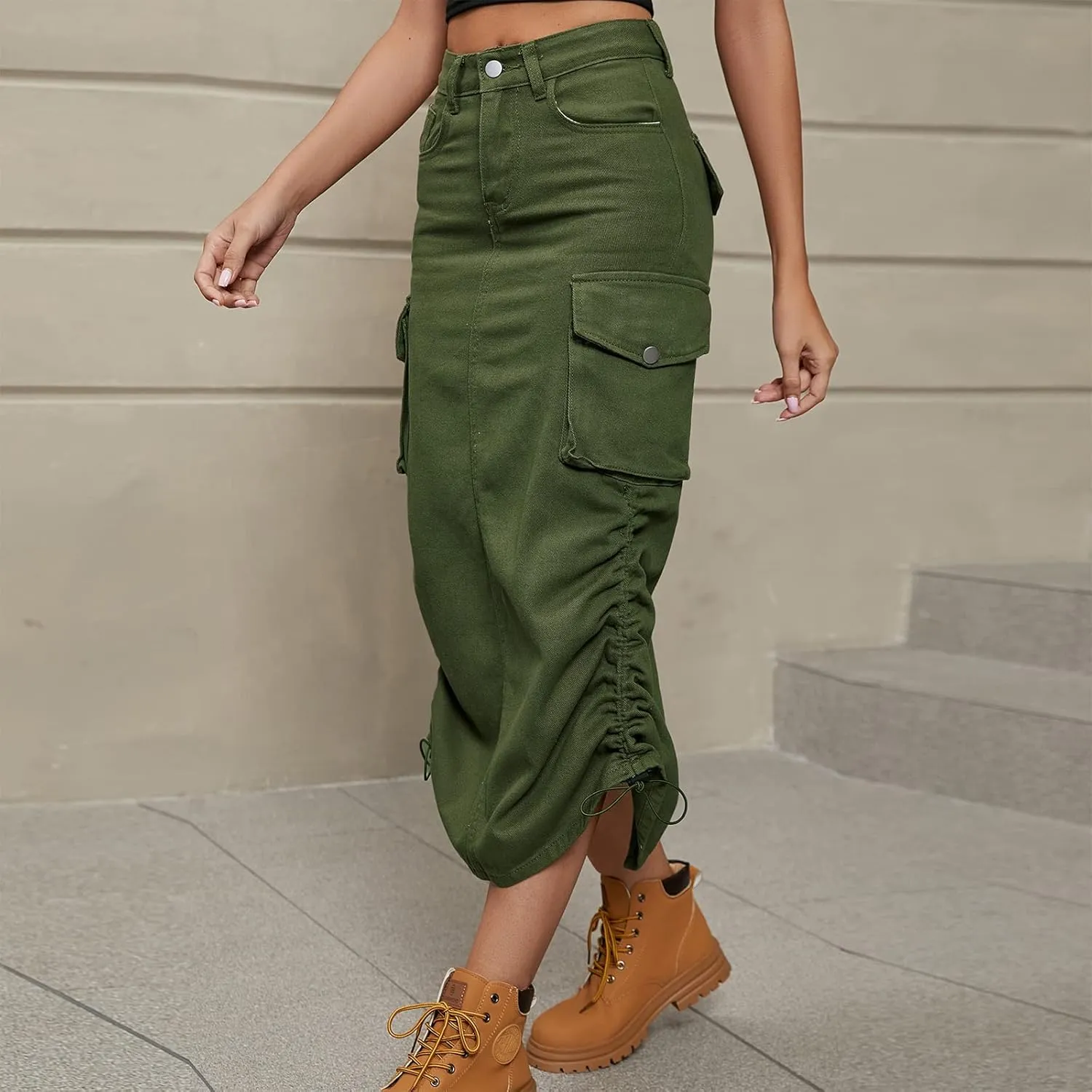 Women's Cargo Skirt Casual High Waisted Denim Midi Skirt Drawstring Adjustable Long Jean Skirt with Pockets