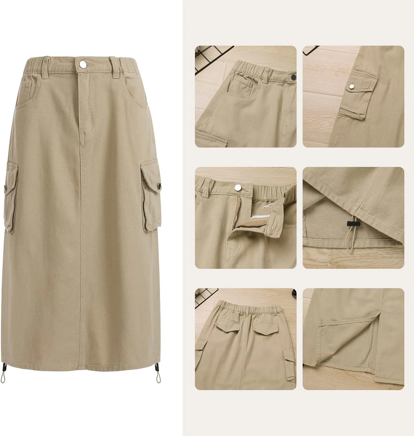 Women's Cargo Skirt Casual High Waisted Denim Midi Skirt Drawstring Adjustable Long Jean Skirt with Pockets