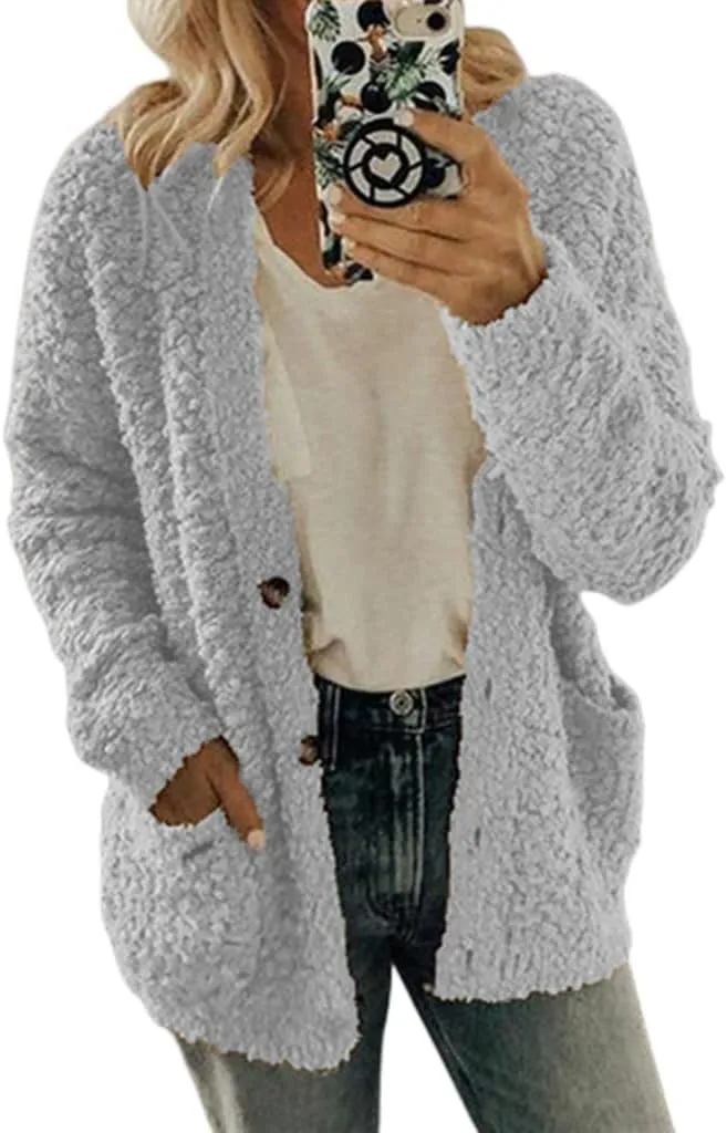 Womens Fuzzy Popcorn Long Sleeve Button Knit Cardigan Oversized Sherpa Sweater Lightweight Plus Size Winter Coat