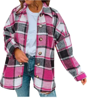 Women's Plus Size Flannel Plaid Shacket Jacket Button Down Long Sleeve Casual Coat Wool Blend Corduroy Coat