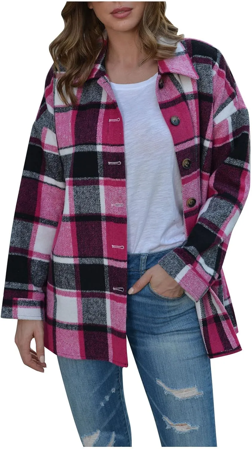 Women's Plus Size Flannel Plaid Shacket Jacket Button Down Long Sleeve Casual Coat Wool Blend Corduroy Coat