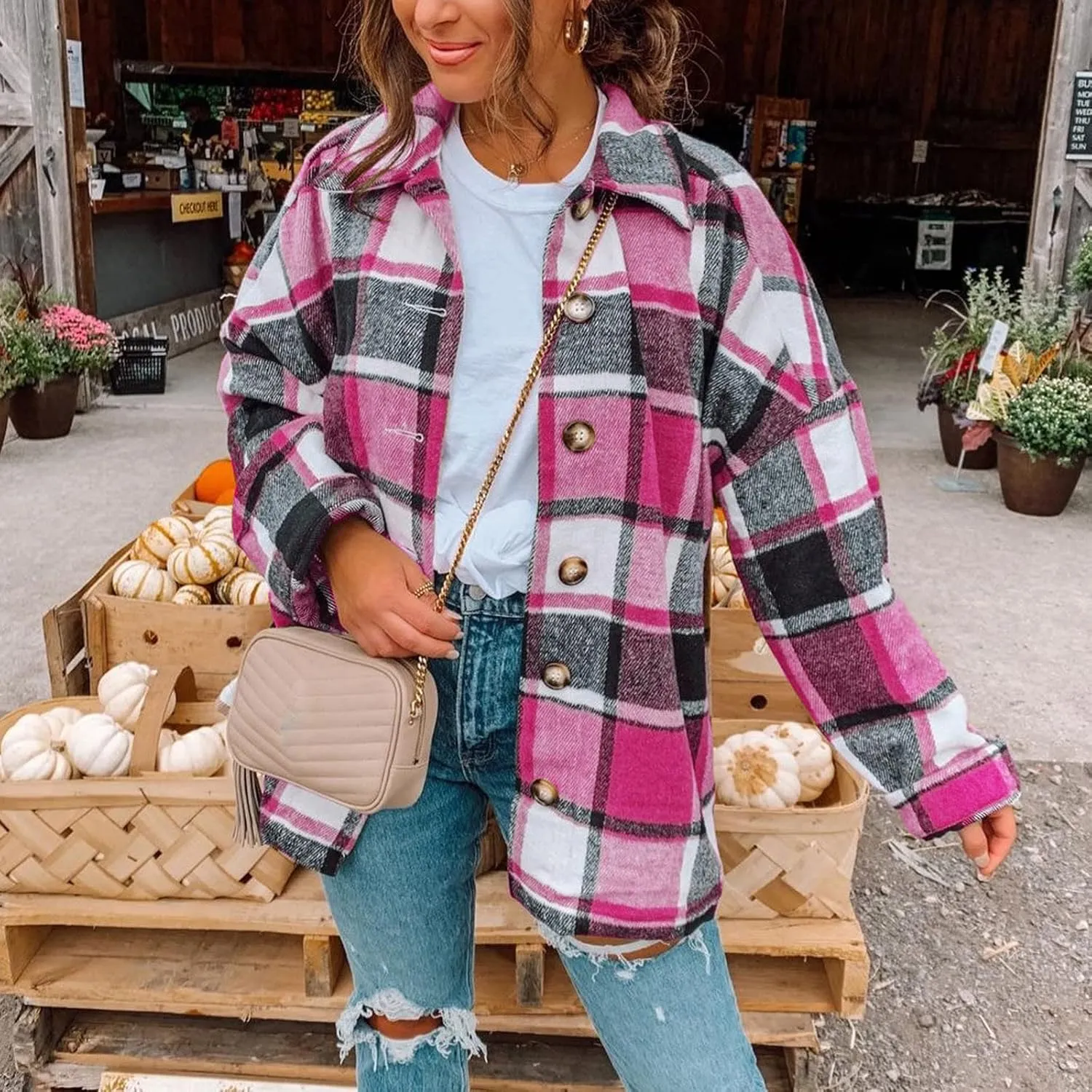 Women's Plus Size Flannel Plaid Shacket Jacket Button Down Long Sleeve Casual Coat Wool Blend Corduroy Coat