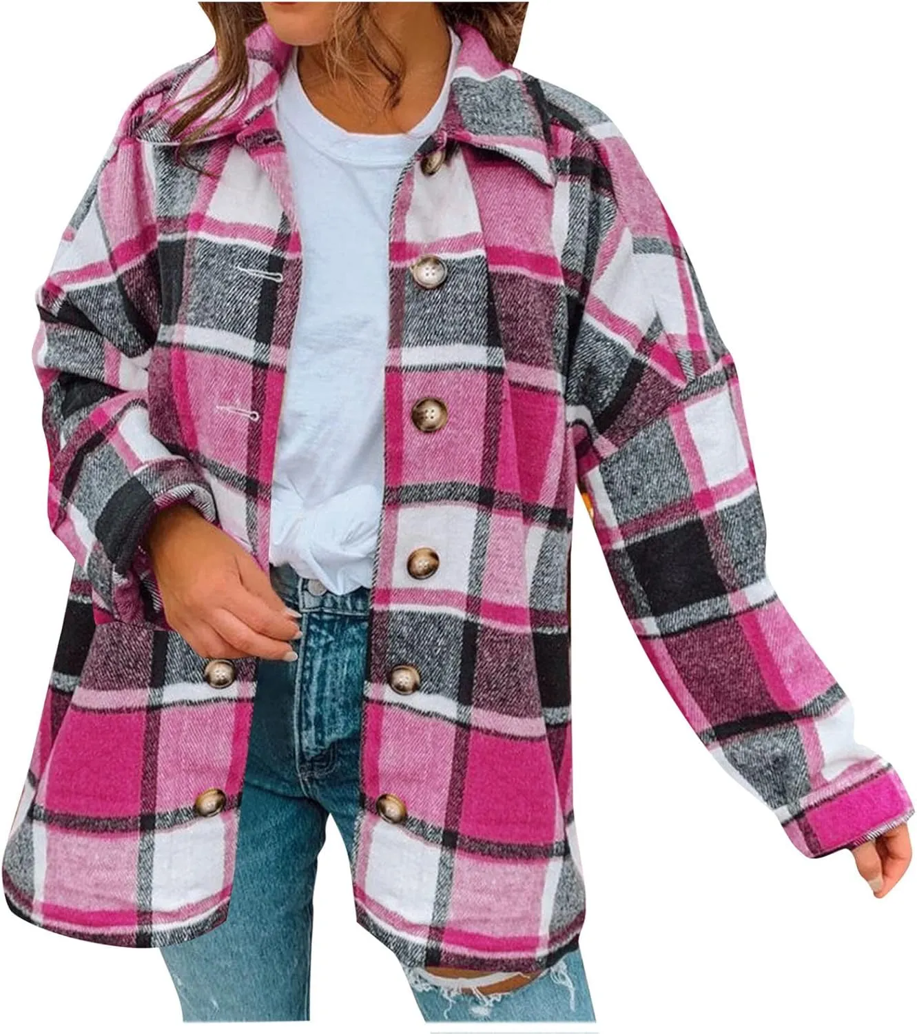 Women's Plus Size Flannel Plaid Shacket Jacket Button Down Long Sleeve Casual Coat Wool Blend Corduroy Coat