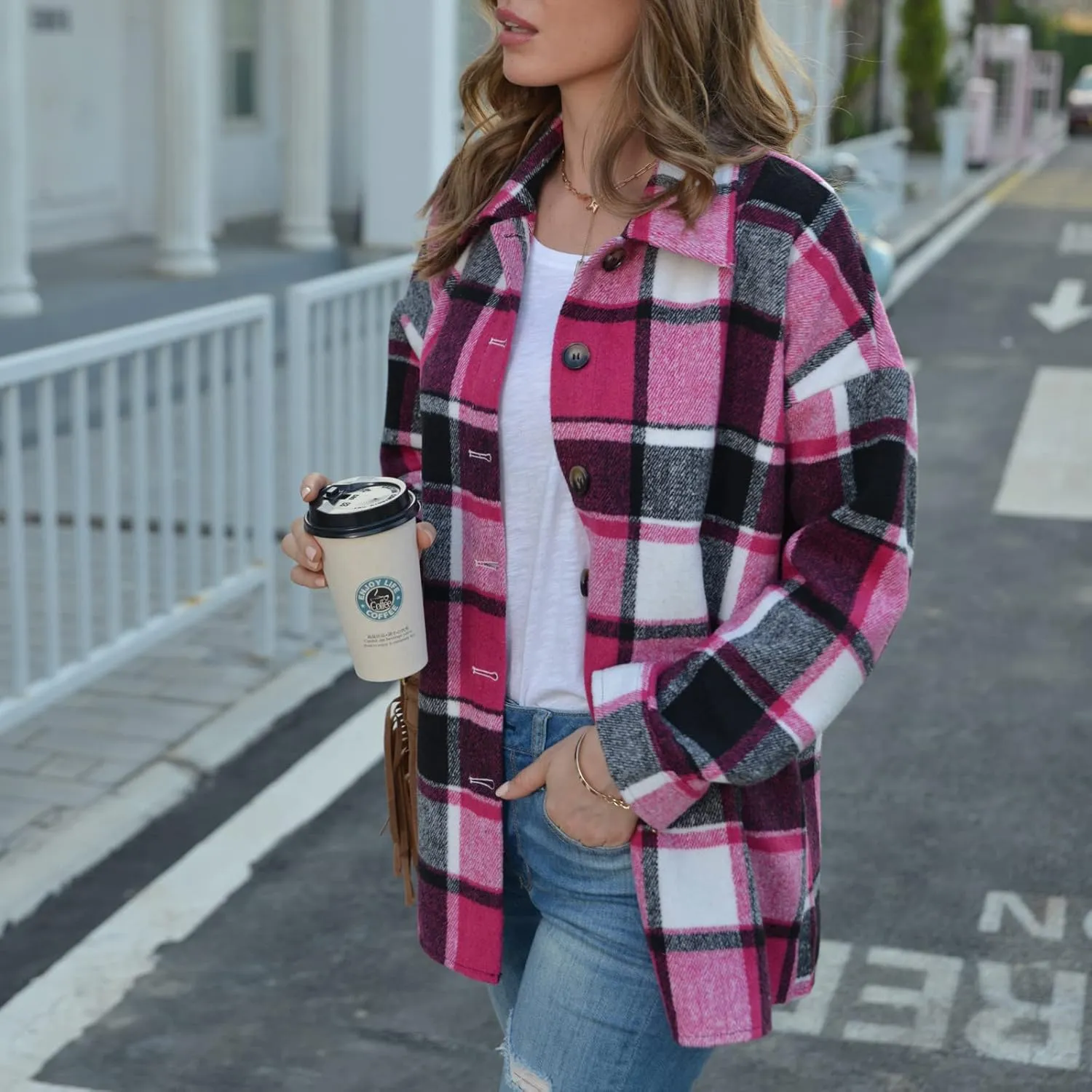 Women's Plus Size Flannel Plaid Shacket Jacket Button Down Long Sleeve Casual Coat Wool Blend Corduroy Coat