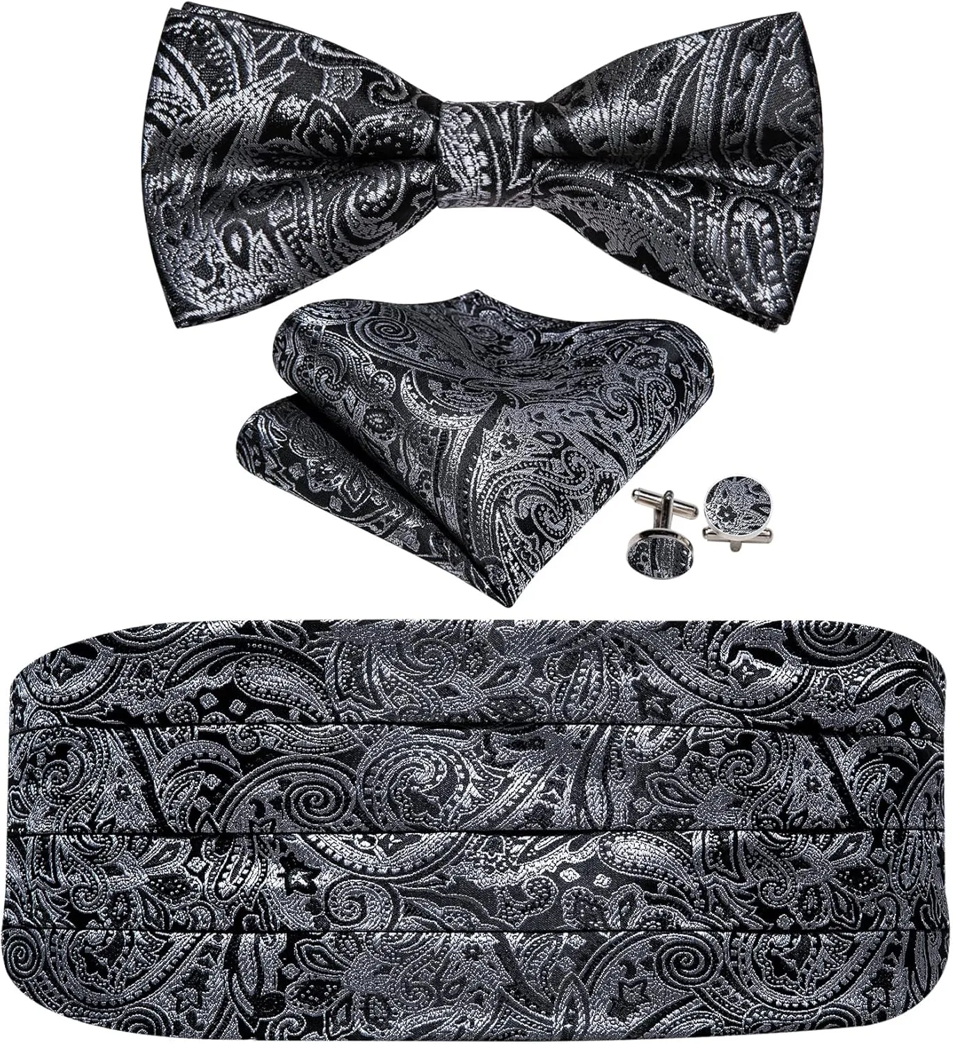 YOHOWA Men Cummerbund Bow Tie Set Silk Paisley Formal Pre-Tied Bowtie Pocket Square Cufflinks Wedding Party Prom