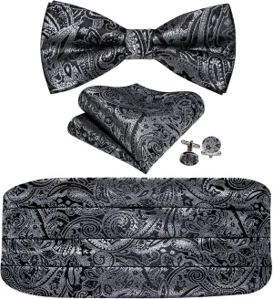 YOHOWA Men Cummerbund Bow Tie Set Silk Paisley Formal Pre-Tied Bowtie Pocket Square Cufflinks Wedding Party Prom