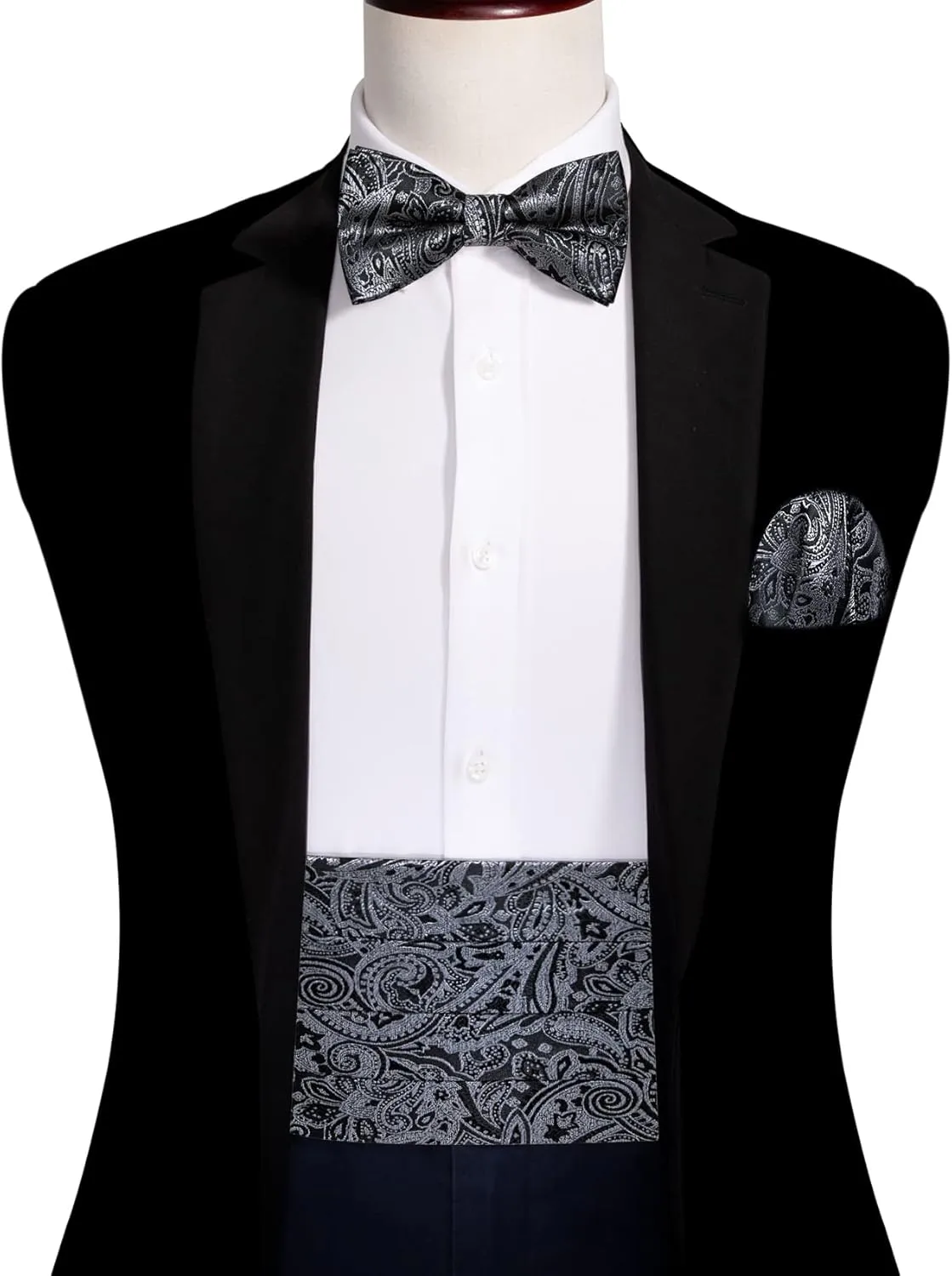 YOHOWA Men Cummerbund Bow Tie Set Silk Paisley Formal Pre-Tied Bowtie Pocket Square Cufflinks Wedding Party Prom
